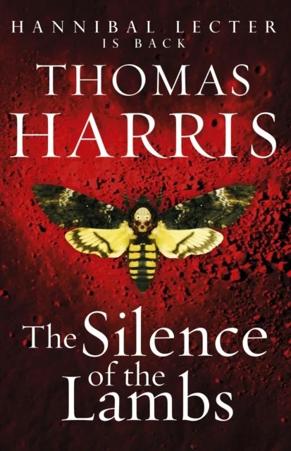 Book cover for The Silence of the lambs by Thomas Harris. A black and yellow moth on a red background.